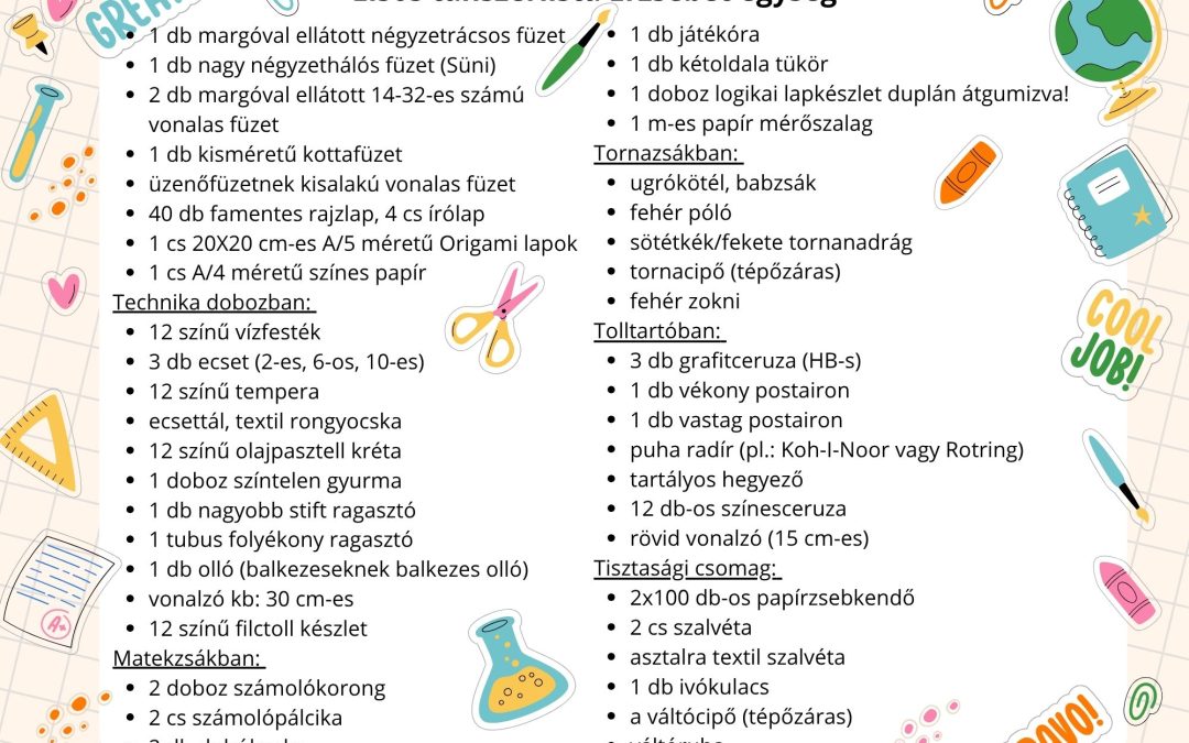 Erzsébet tanszerlista